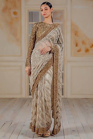 Copper & Nude Sequins Striped Saree Set by Siddartha Tytler