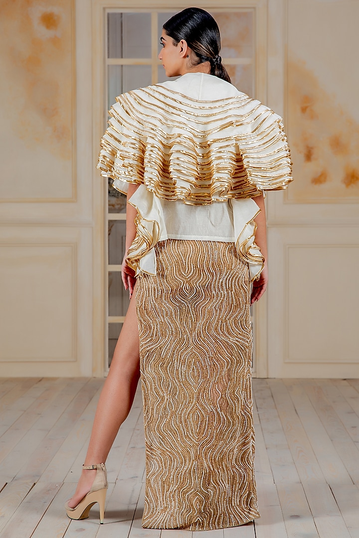 Ivory Frilled Long Kimono Jacket Design by Siddartha Tytler at