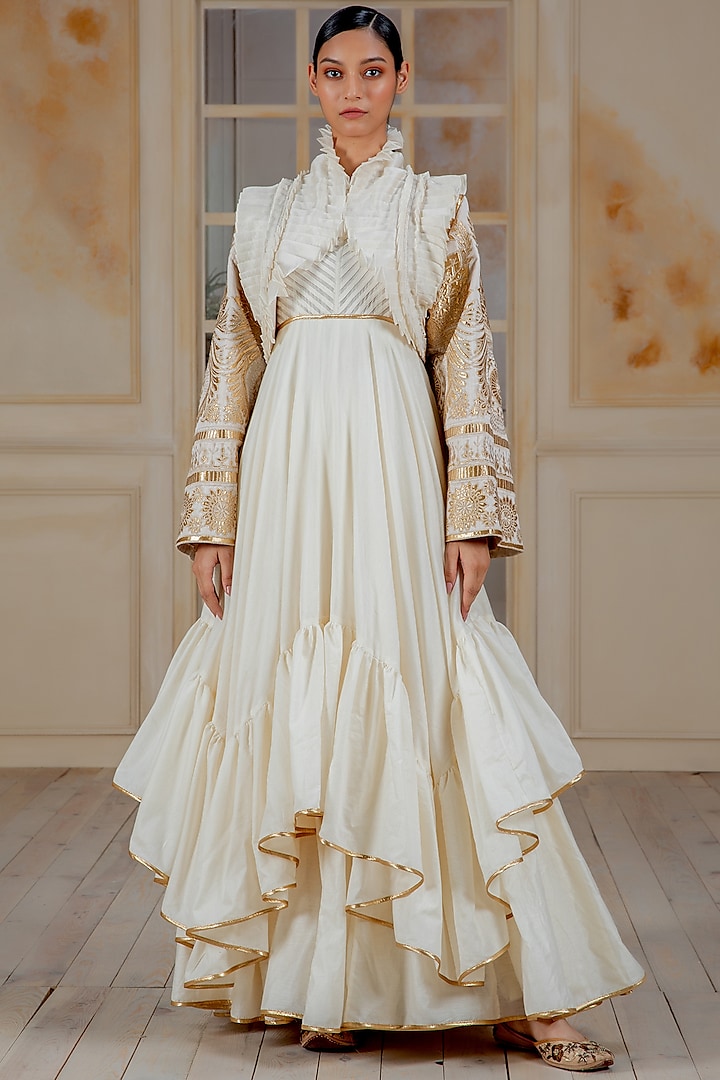 Ivory Multi Paneled Anarkali Set With Jacket by Siddartha Tytler