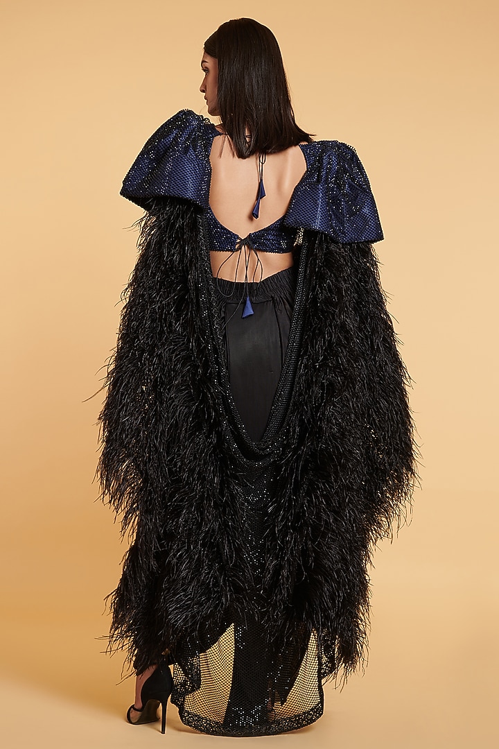 Navy Blue Parachute Pre-Pleated Reception Saree Set by Siddartha Tytler at Pernia's Pop Up Shop