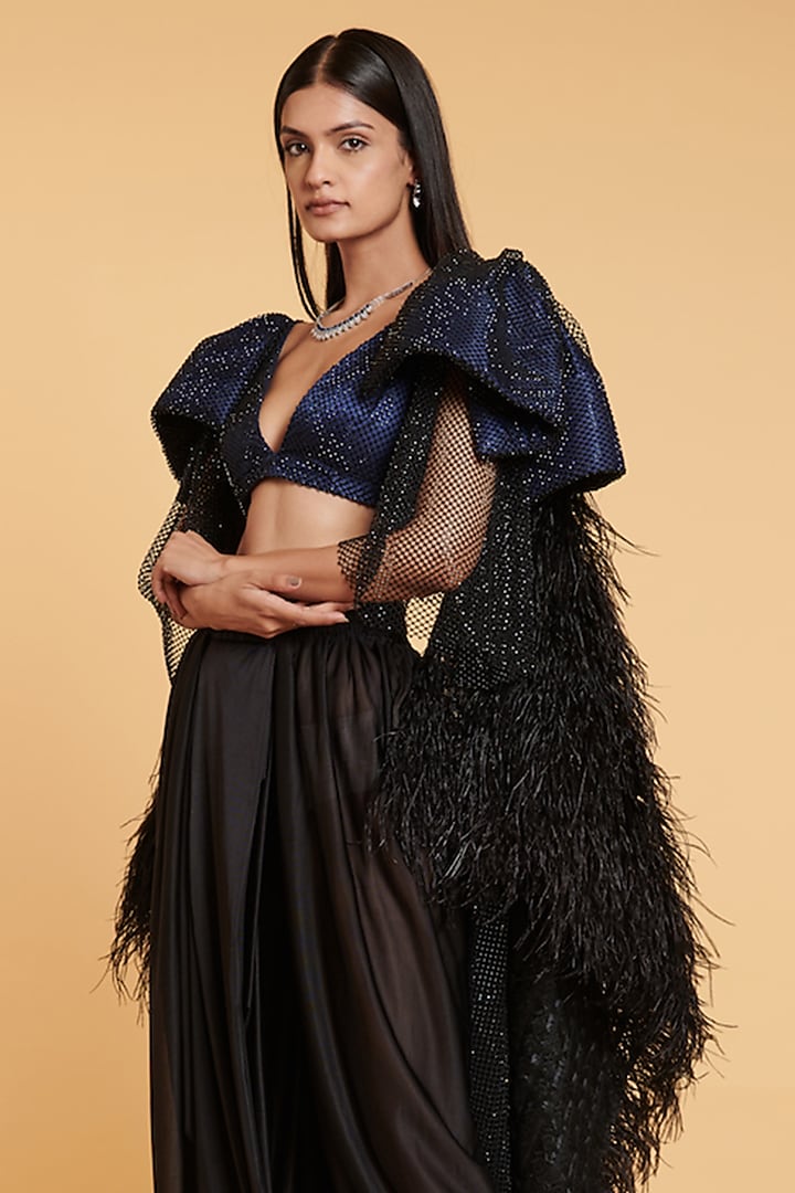 Navy Blue Parachute Pre-Pleated Reception Saree Set by Siddartha Tytler at Pernia's Pop Up Shop