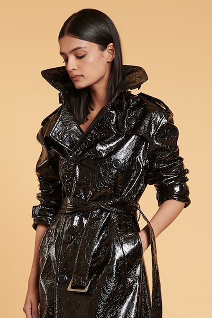 Black Leather Trench Coat by Siddartha Tytler at Pernia's Pop Up Shop