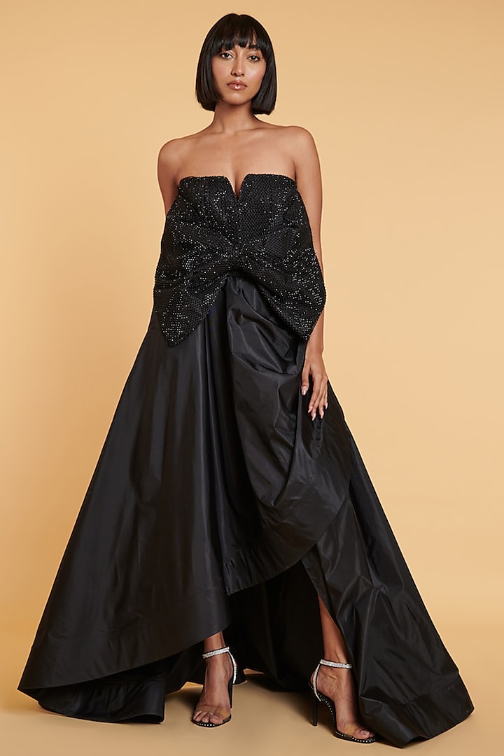 Black Parachute Gown With Crystal Mesh Bow by Siddartha Tytler