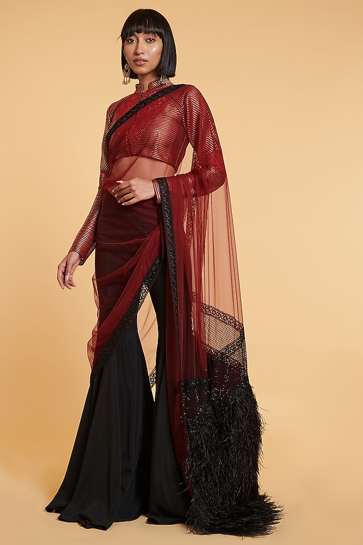 Red & Black Pant Saree Set by Siddartha Tytler