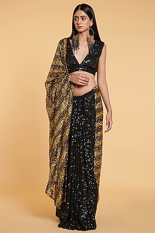 Black Sequins Hand Embroidered Saree Set by Siddartha Tytler