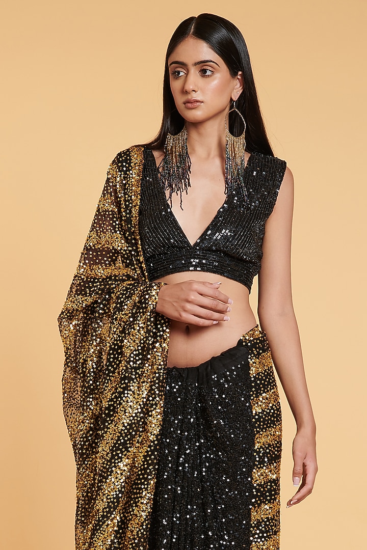 Black Sequins Hand Embroidered Reception Saree Set by Siddartha Tytler at Pernia's Pop Up Shop