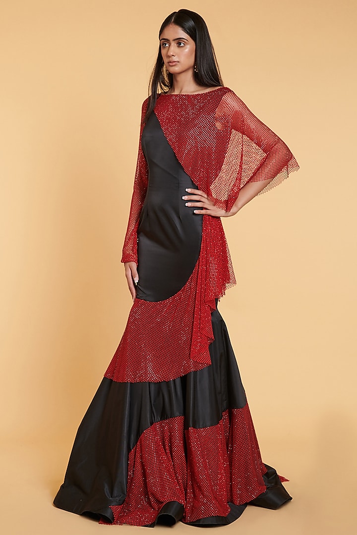 Black & Red Nylon Fishtail Gown by Siddartha Tytler