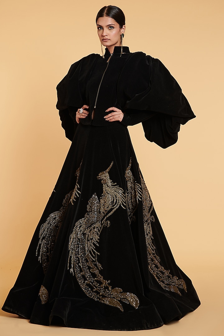 Black Velvet Jacket Lehenga Set by Siddartha Tytler