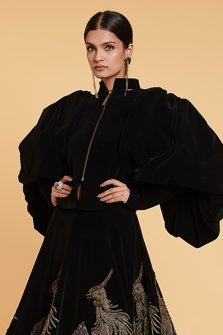 Black Velvet Jacket Bridal Lehenga Set by Siddartha Tytler at Pernia's Pop Up Shop