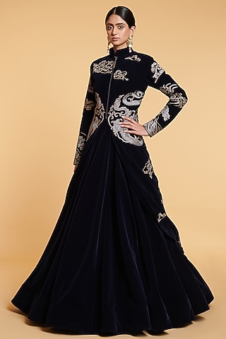 Navy Velvet Jacket Lehenga Set by Siddartha Tytler