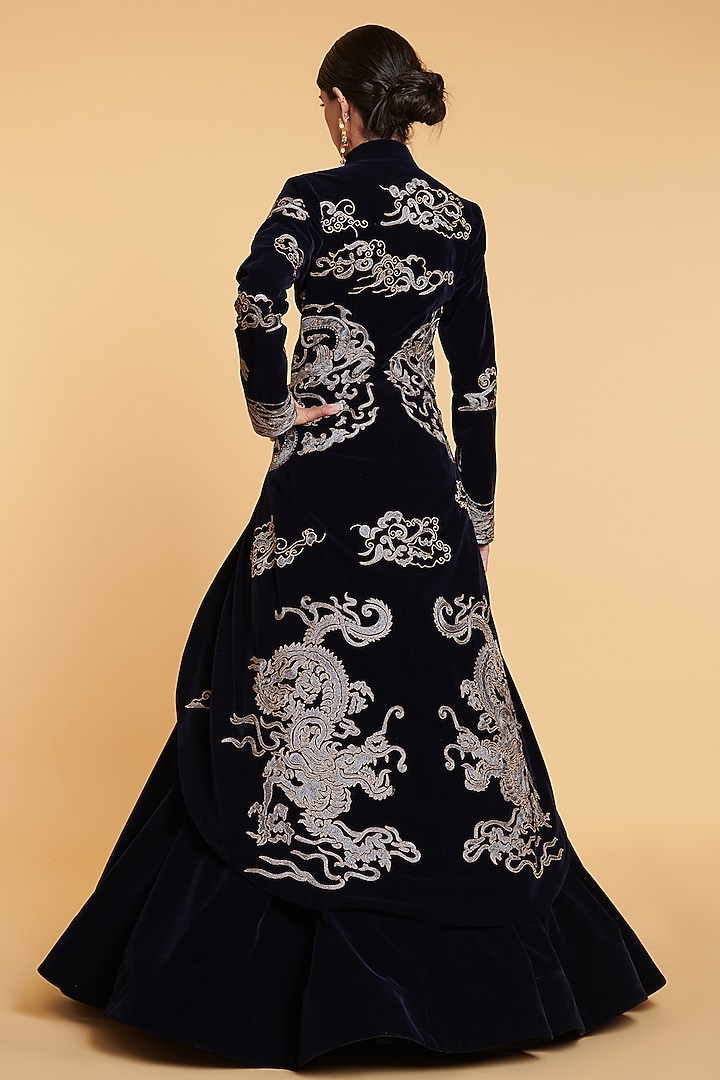 Navy Velvet Jacket Bridal Lehenga Set by Siddartha Tytler at Pernia's Pop Up Shop