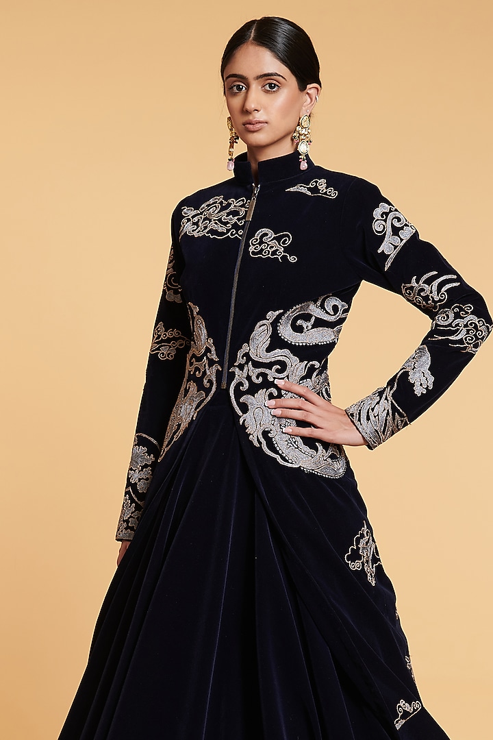 Navy Velvet Jacket Bridal Lehenga Set by Siddartha Tytler at Pernia's Pop Up Shop