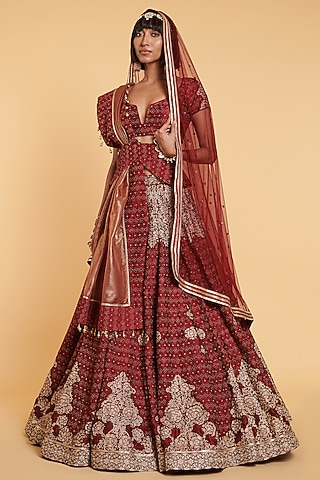 Red Dupion Silk Lehenga Set by Siddartha Tytler