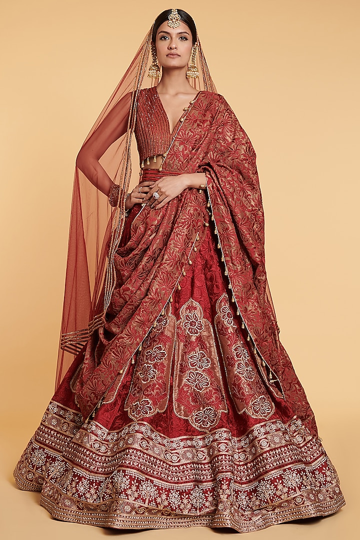 Red Lehenga Set In Dupion Silk by Siddartha Tytler