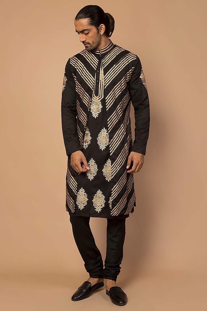 Black Embroidered Kurta Set With Striped Anchkan Jacket by Siddartha Tytler Men