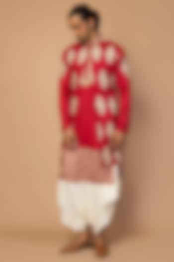 Red Striped Kurta Set With Achkan Jacket by Siddartha Tytler Men