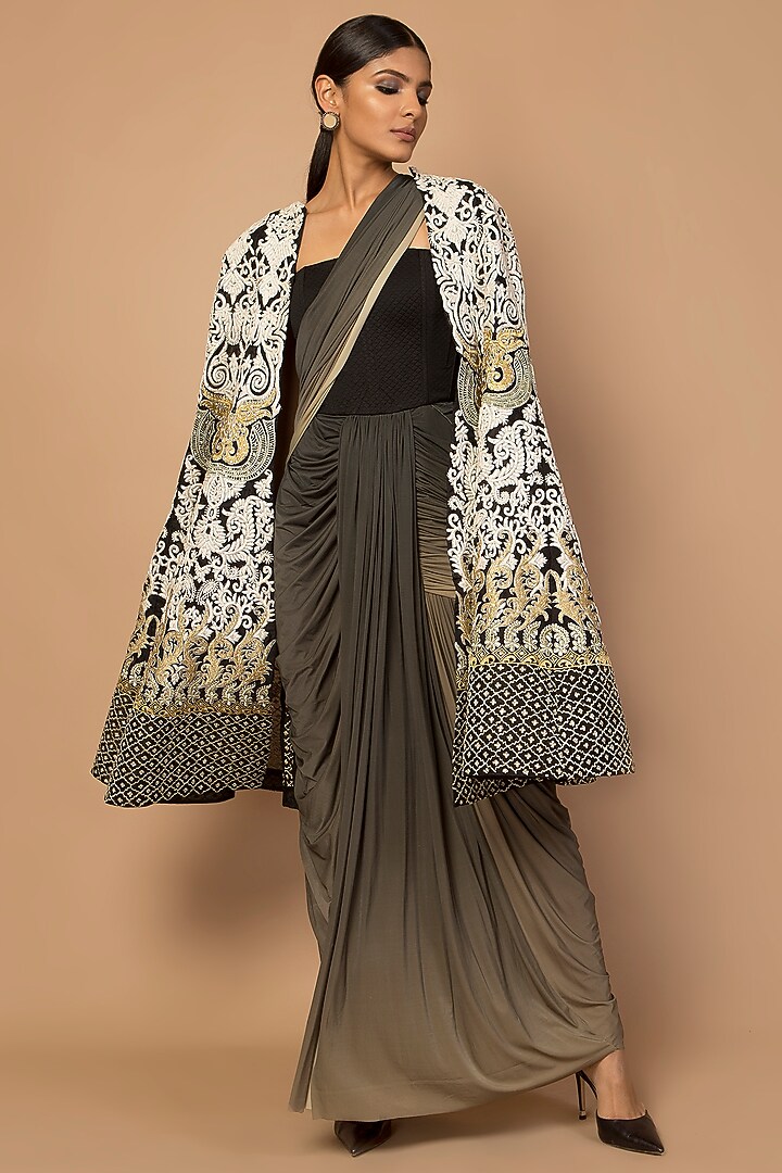 Black Embroidered Organza Cape by Siddartha Tytler at Pernia's Pop Up Shop