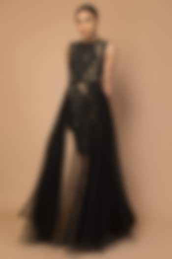 Black Embroidered Cascade Gown by Siddartha Tytler