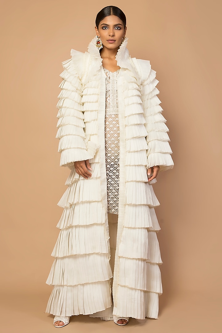 Ivory Frilled Long Kimono Jacket by Siddartha Tytler