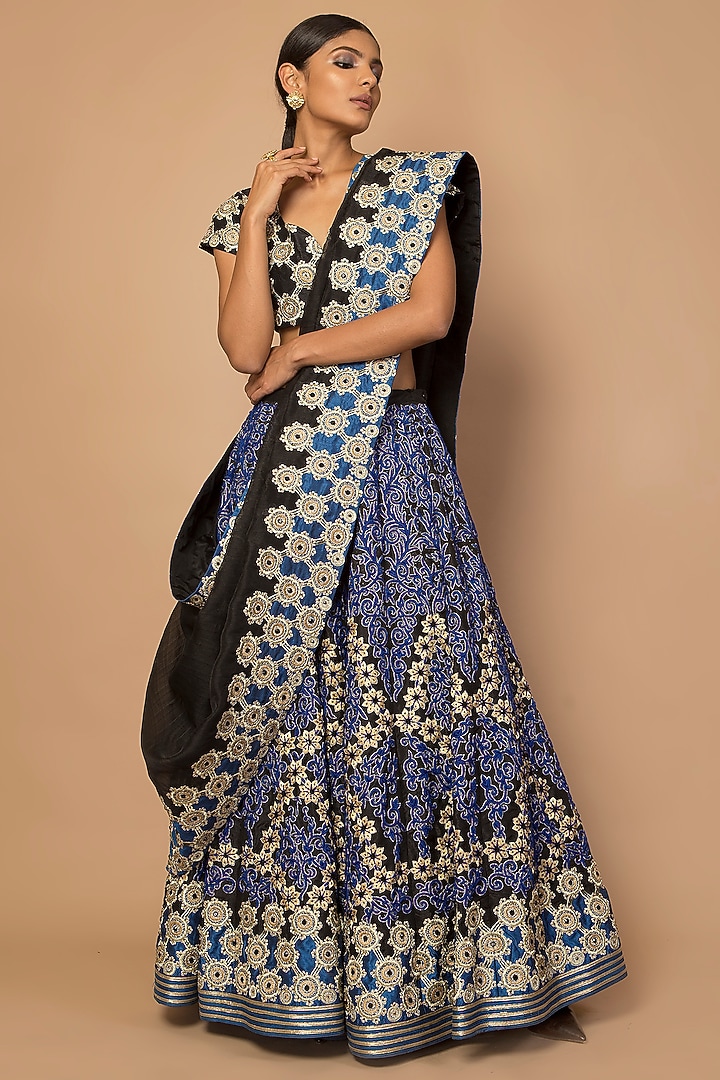 Blue & Black Embroidered Bridal Lehenga Set by Siddartha Tytler at Pernia's Pop Up Shop