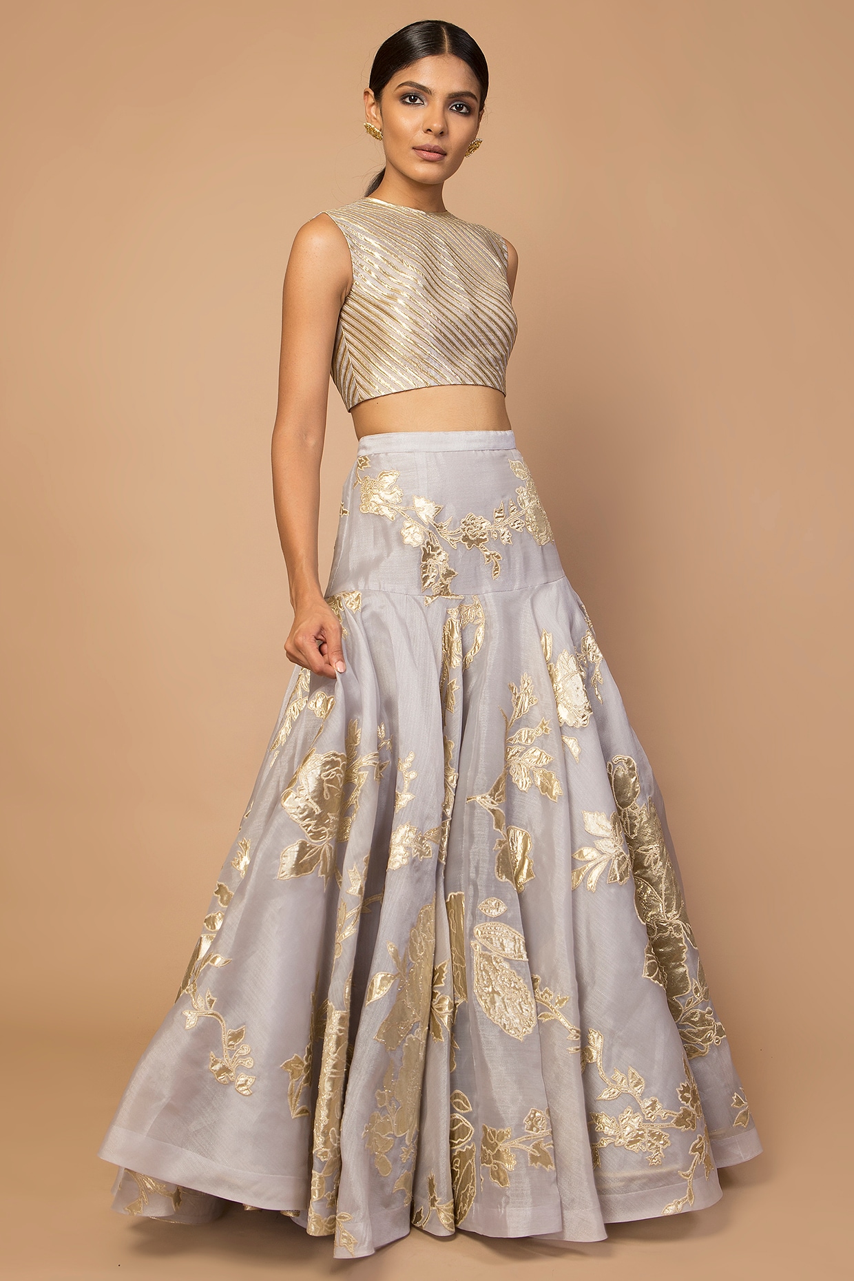 Beautiful Long Skirt with golden print and set with western styled blouse.  | Long skirt outfits, Indian designer outfits, Indian fashion dresses