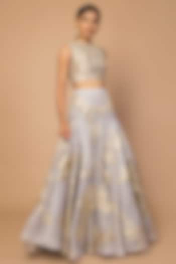Grey Embroidered Lehenga Skirt With Striped Blouse by Siddartha Tytler