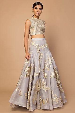 Grey Embroidered Lehenga Skirt With Striped Blouse by Siddartha Tytler