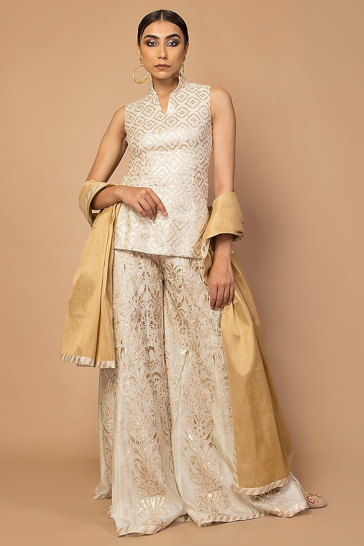 Ivory & Gold Embroidered Gharara Set by Siddartha Tytler