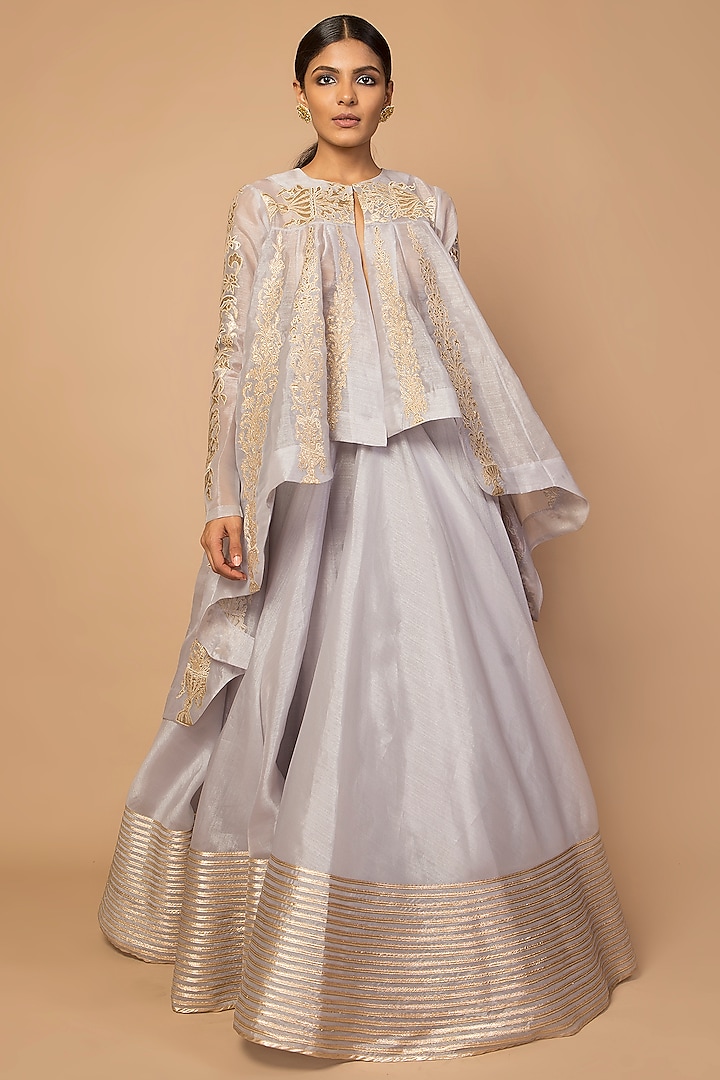 Grey Embroidered High-Low Jacket With Striped Skirt by Siddartha Tytler
