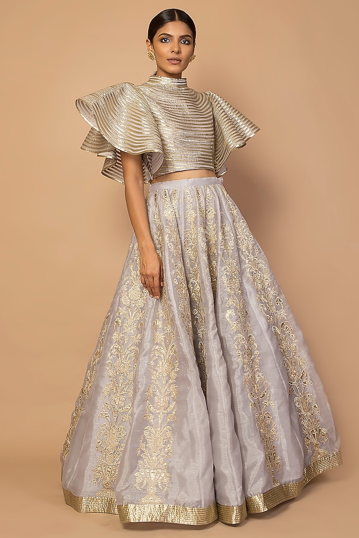 Grey Embroidered Lehenga Skirt With Blouse by Siddartha Tytler