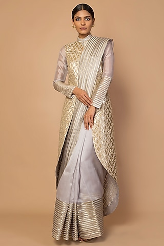 Grey Organza Applique Embroidered Jacket Saree Set by Siddartha Tytler