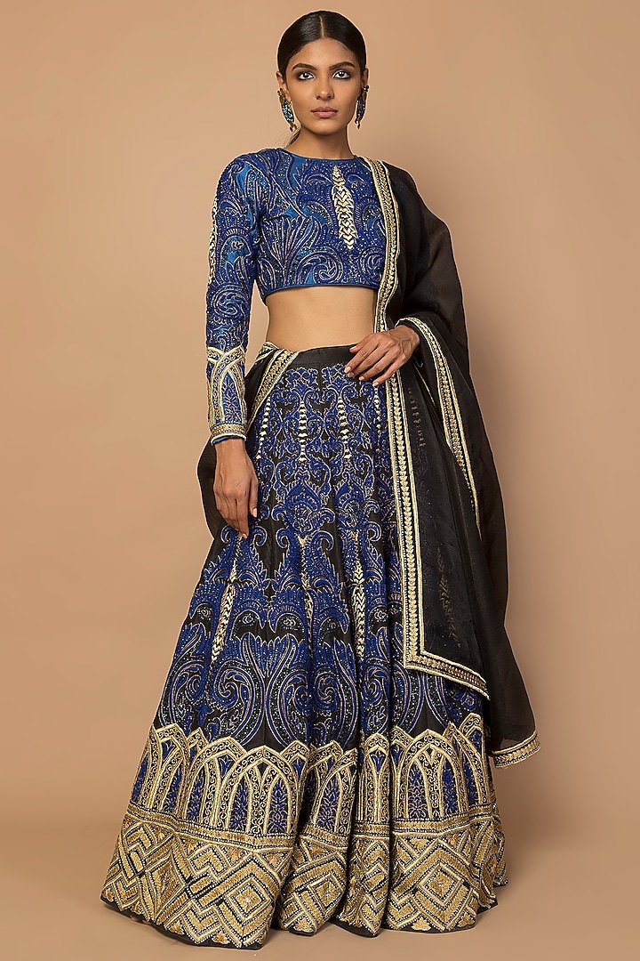 Blue & Black Parsi Embroidered Lehenga Set by Siddartha Tytler