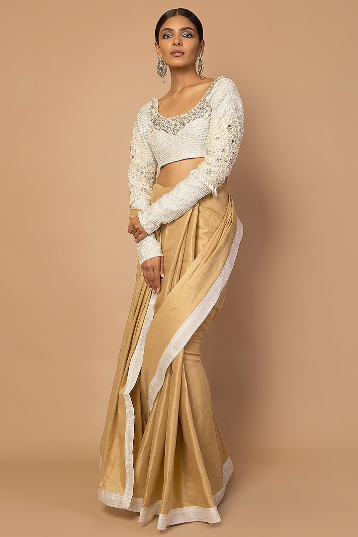 Gold & Ivory Embroidered Saree Set by Siddartha Tytler
