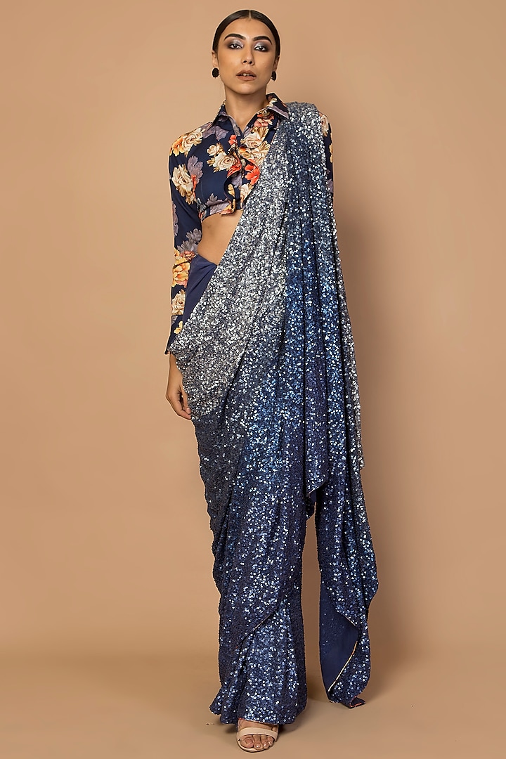 Navy Blue Embroidered & Printed Saree Set by Siddartha Tytler