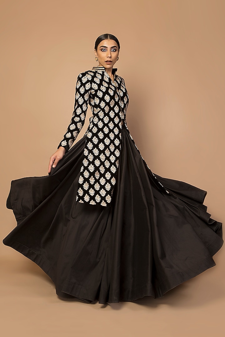 Black Embroidered Achkan Jacket With Skirt by Siddartha Tytler