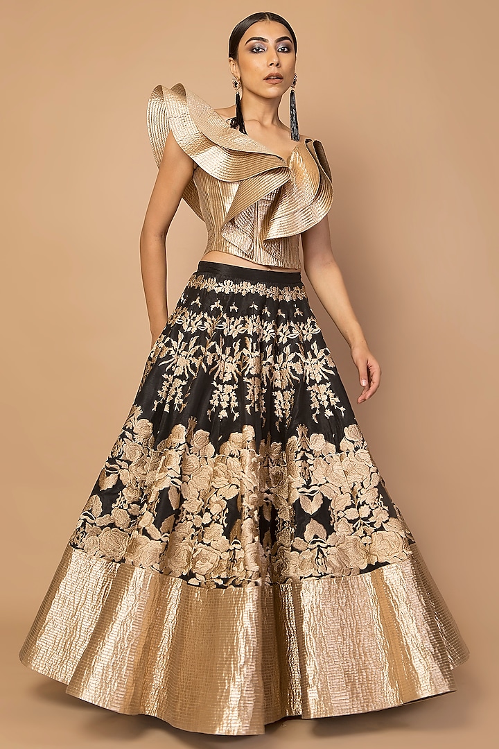 Gold Embroidered Kalidar Lehenga Skirt With Corset Blouse by Siddartha Tytler