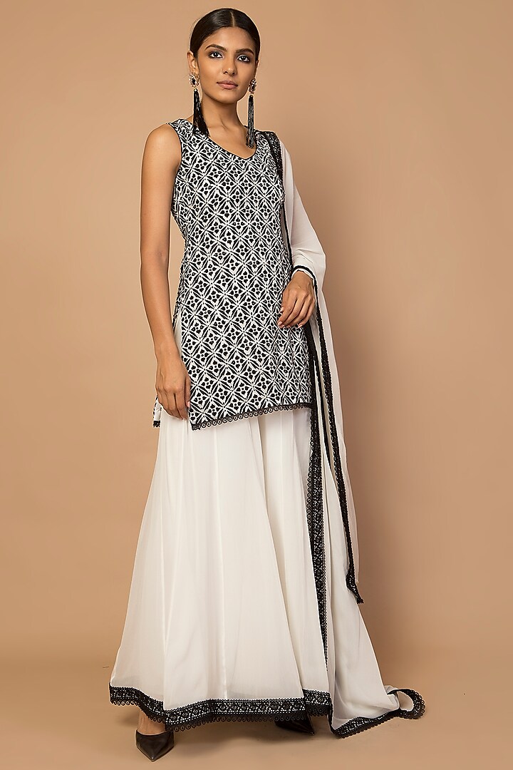 Black & White Embroidered Gharara Set by Siddartha Tytler