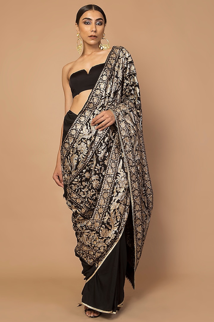 Black Embroidered Double Saree Set by Siddartha Tytler