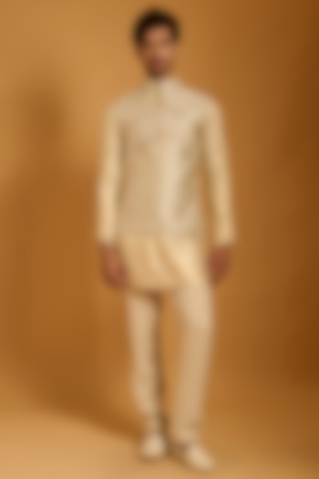 Cream Raw Silk Crystal Embroidered Bundi Jacket Set by Siddartha Tytler Men at Pernia's Pop Up Shop