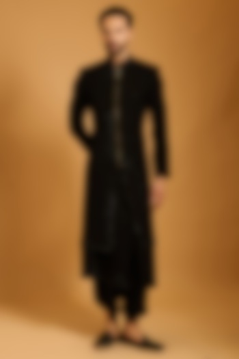 Black Microfiber Fabric Groom Sherwani Set by Siddartha Tytler Men at Pernia's Pop Up Shop
