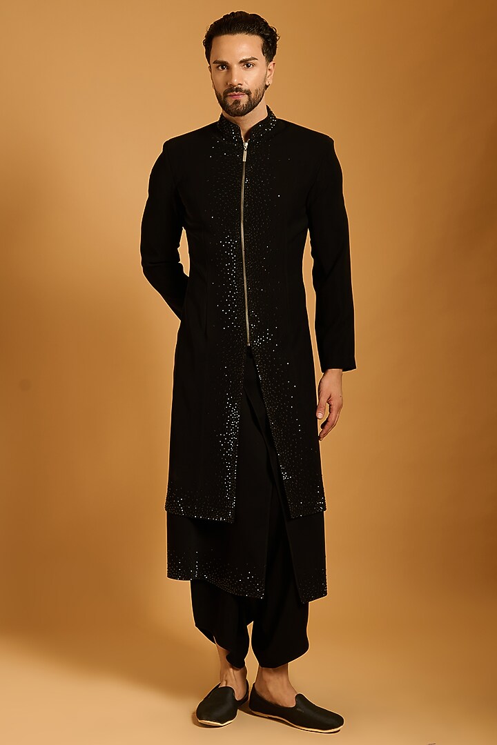 Black Microfiber Fabric Groom Sherwani Set by Siddartha Tytler Men at Pernia's Pop Up Shop