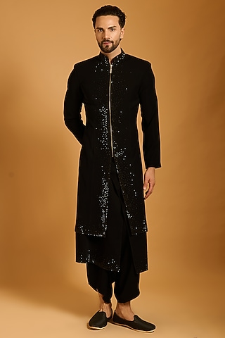 Black Microfiber Fabric Sherwani Set by Siddartha Tytler Men
