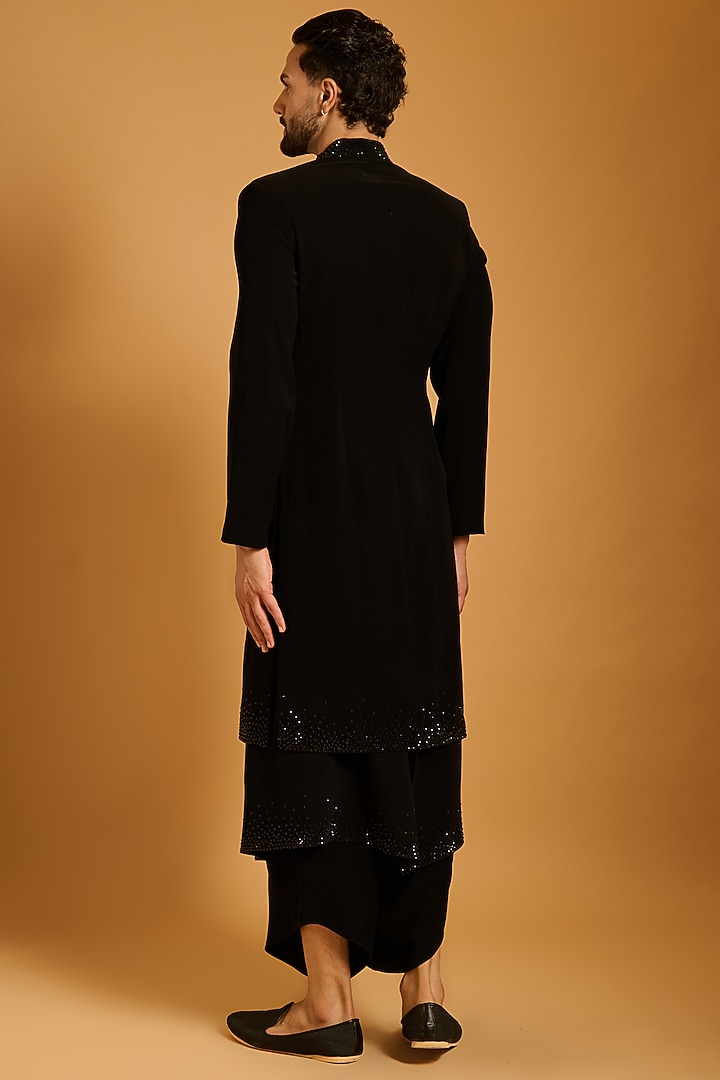 Black Microfiber Fabric Groom Sherwani Set by Siddartha Tytler Men at Pernia's Pop Up Shop