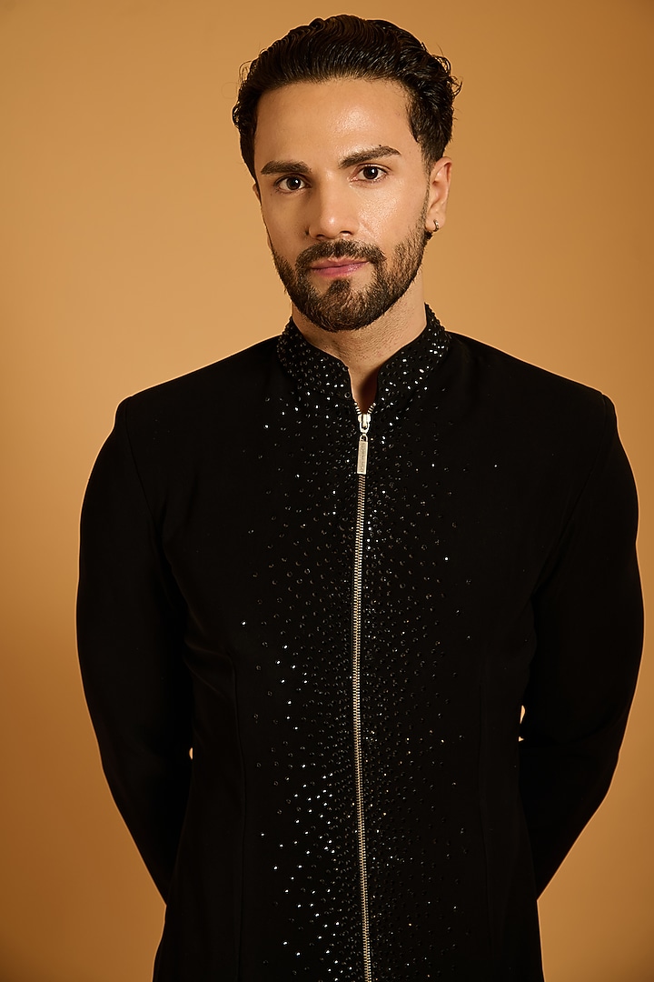 Black Microfiber Fabric Groom Sherwani Set by Siddartha Tytler Men at Pernia's Pop Up Shop
