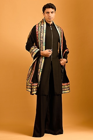 Black Net Strip Work Dupatta by Siddartha Tytler Men