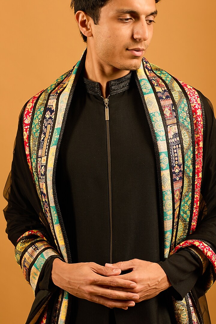 Black Net Strip Work Dupatta by Siddartha Tytler Men at Pernia's Pop Up Shop