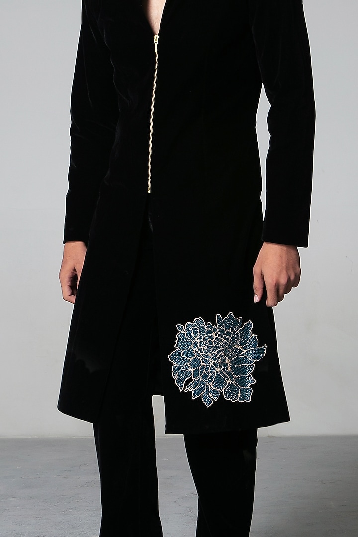 Black Velvet Groom Sherwani Set by Siddartha Tytler Men at Pernia's Pop Up Shop