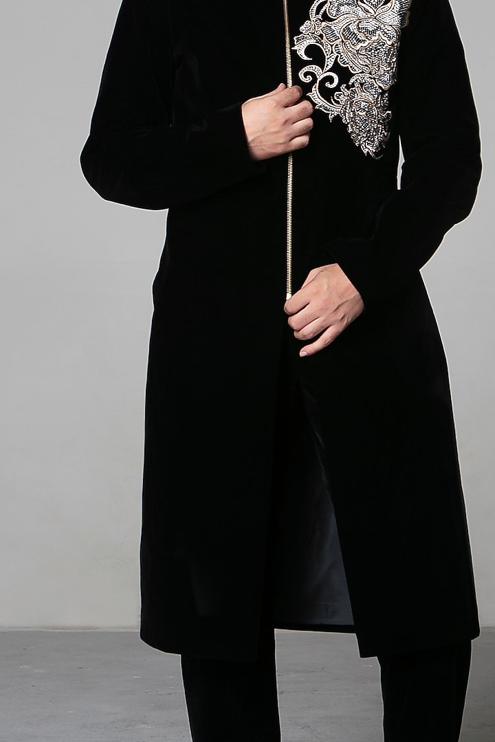 Black Velvet Groom Sherwani Set by Siddartha Tytler Men at Pernia's Pop Up Shop