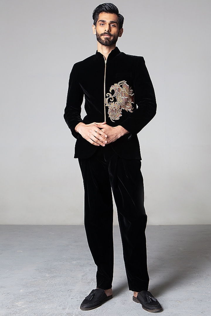 Black Velvet Floral Zari Wedding Bandhgala Set by Siddartha Tytler Men at Pernia's Pop Up Shop