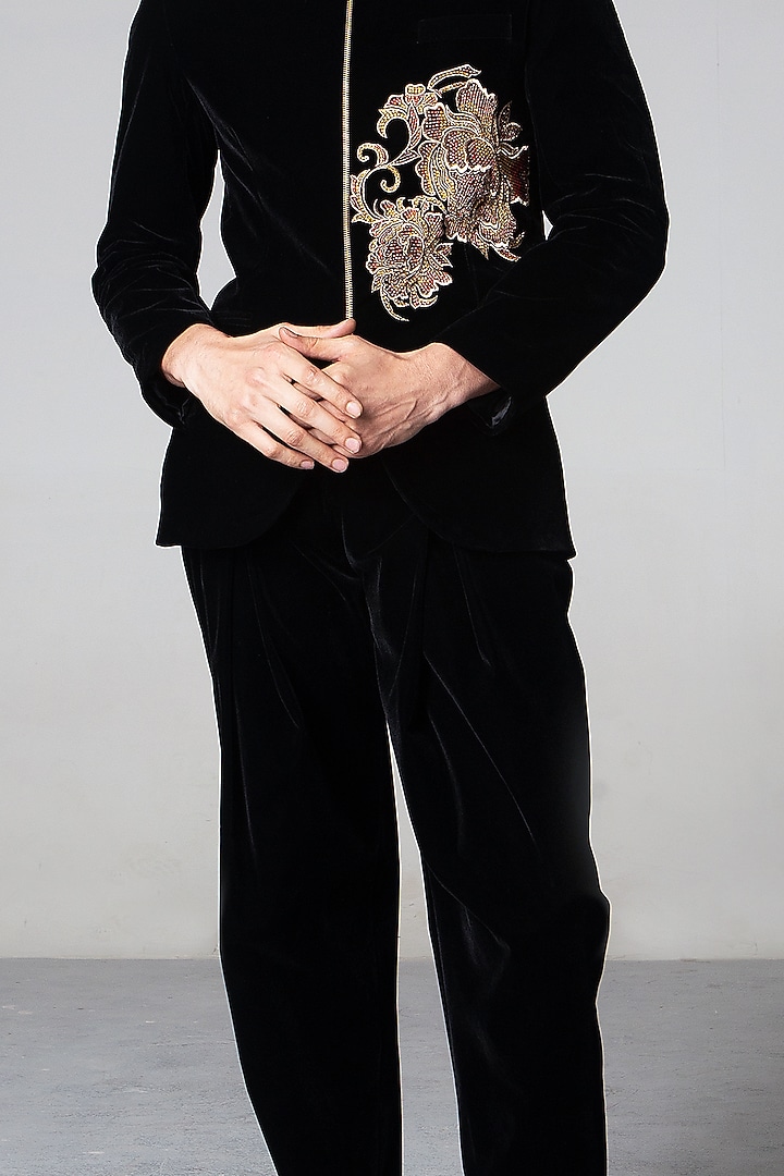 Black Velvet Floral Zari Wedding Bandhgala Set by Siddartha Tytler Men at Pernia's Pop Up Shop